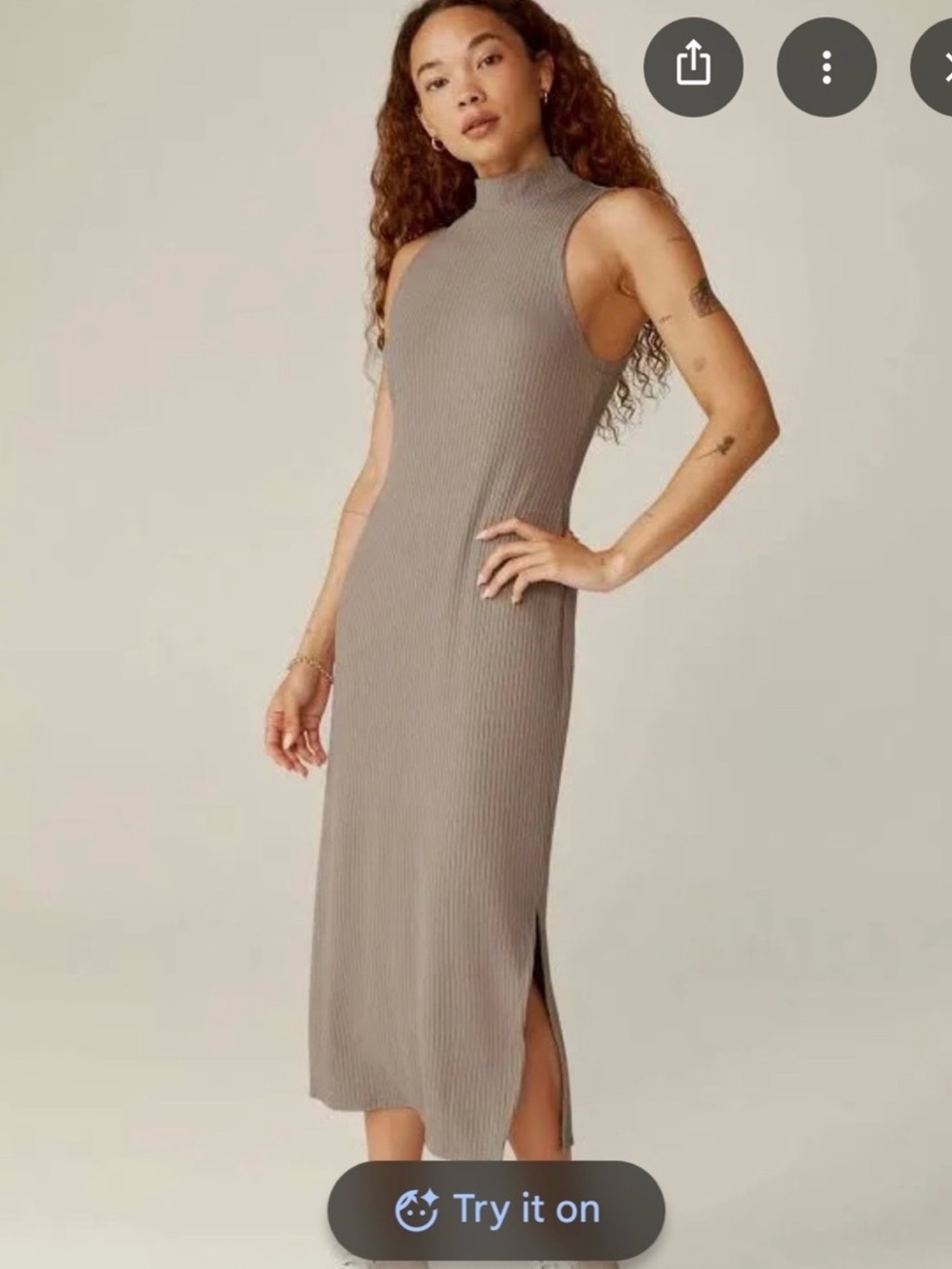 BEYOND YOGA Ribbed Mock Neck Sleeveless Midi Dress w/ Side Slits Taupe Size XS